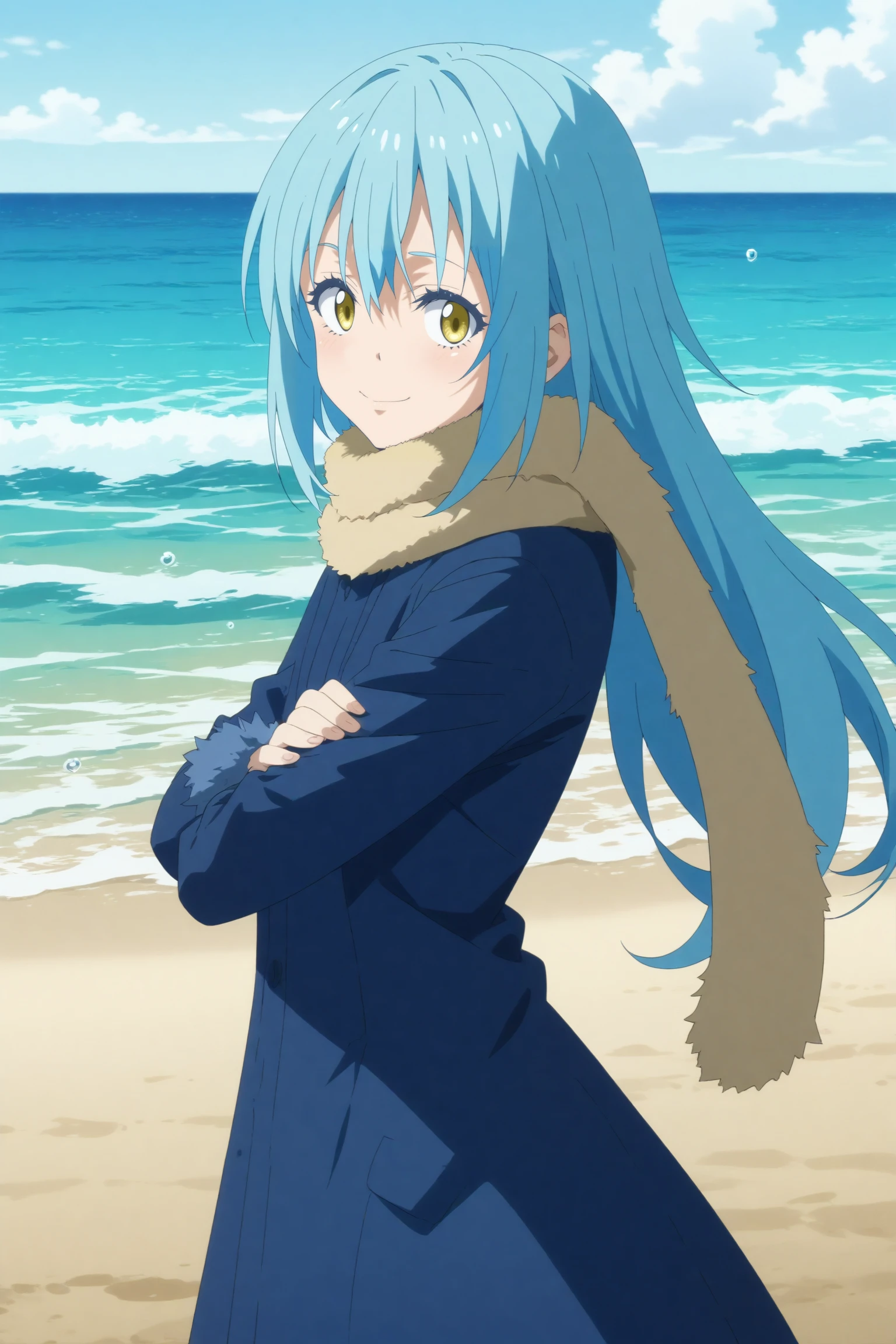 1girl,solo,rimuru,long hair,smile,androgynous,bangs,hair between eyes,closed mouth,looking at viewer,fur collar,scarf,fur trim,coat,blue coat,day,long sleeves,sea,crossed arms, from behind <lora:Rimuru_-_Tensei_Shitara_Slime_Datta_Ken.safetensors:0.8> 