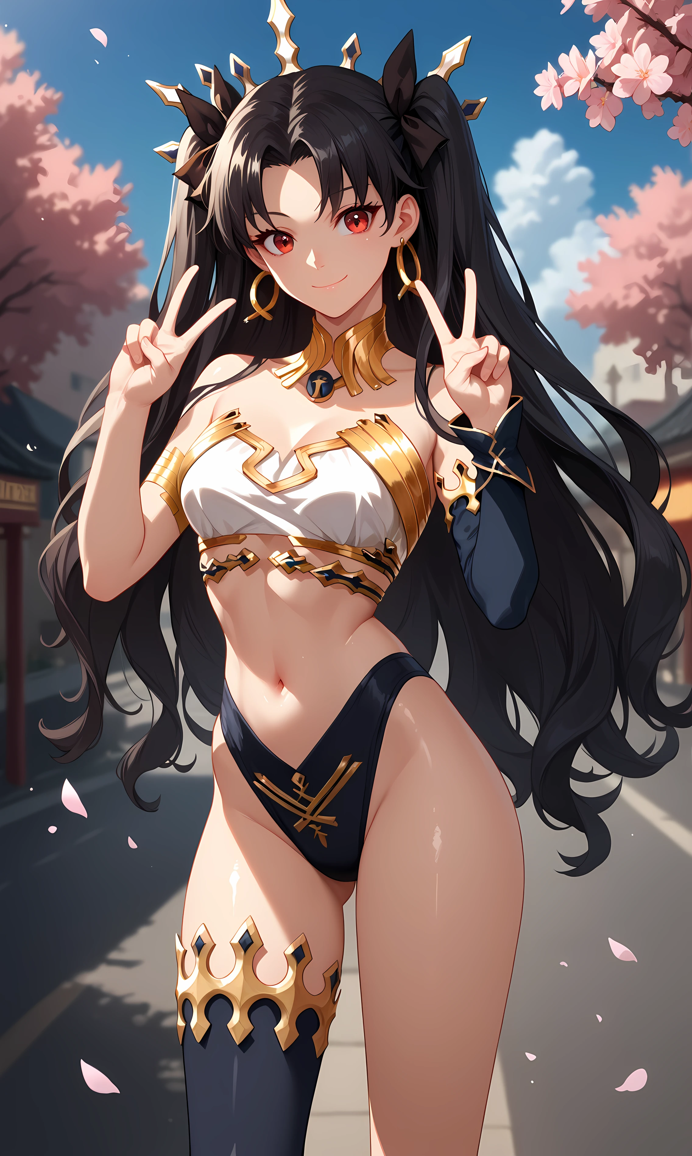 score_9, score_8_up, score_7_up, source_anime, 1girl, solo, outdoors, street, cherry blossoms, cowboy shot, standing, looking at viewer, shiny skin,ishtar, red eyes, black hair, long hair, two side up, parted bangs, black ribbon, hair ribbon, tiara, hoop earrings, jewelry, neck ring, bikini, single sleeve, detached sleeves, single thighhigh, black thighhighs, double v, closed mouth, smile, close-up