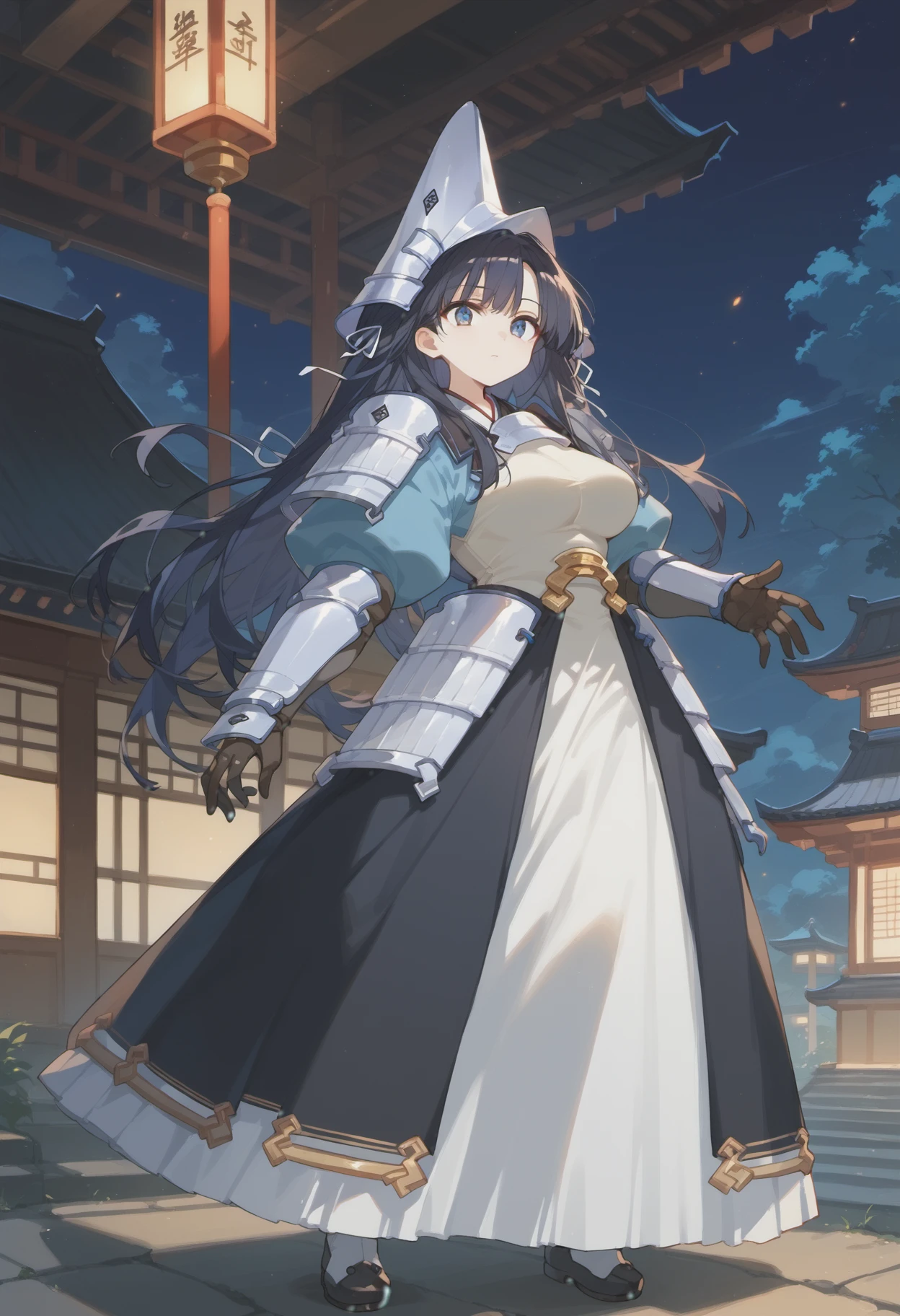 score_9, score_8_up, score_7_up, source anime, uesugi kenshin, 1girl, solo, long hair, black hair, hair ribbon, blue eyes, sode, kusazuri, gauntlets, armored dress, helmet, large breasts,full body, sky, night, east asian architecture,  <lora:uesugi_kenshin-xl-pony-v1-000005:1>