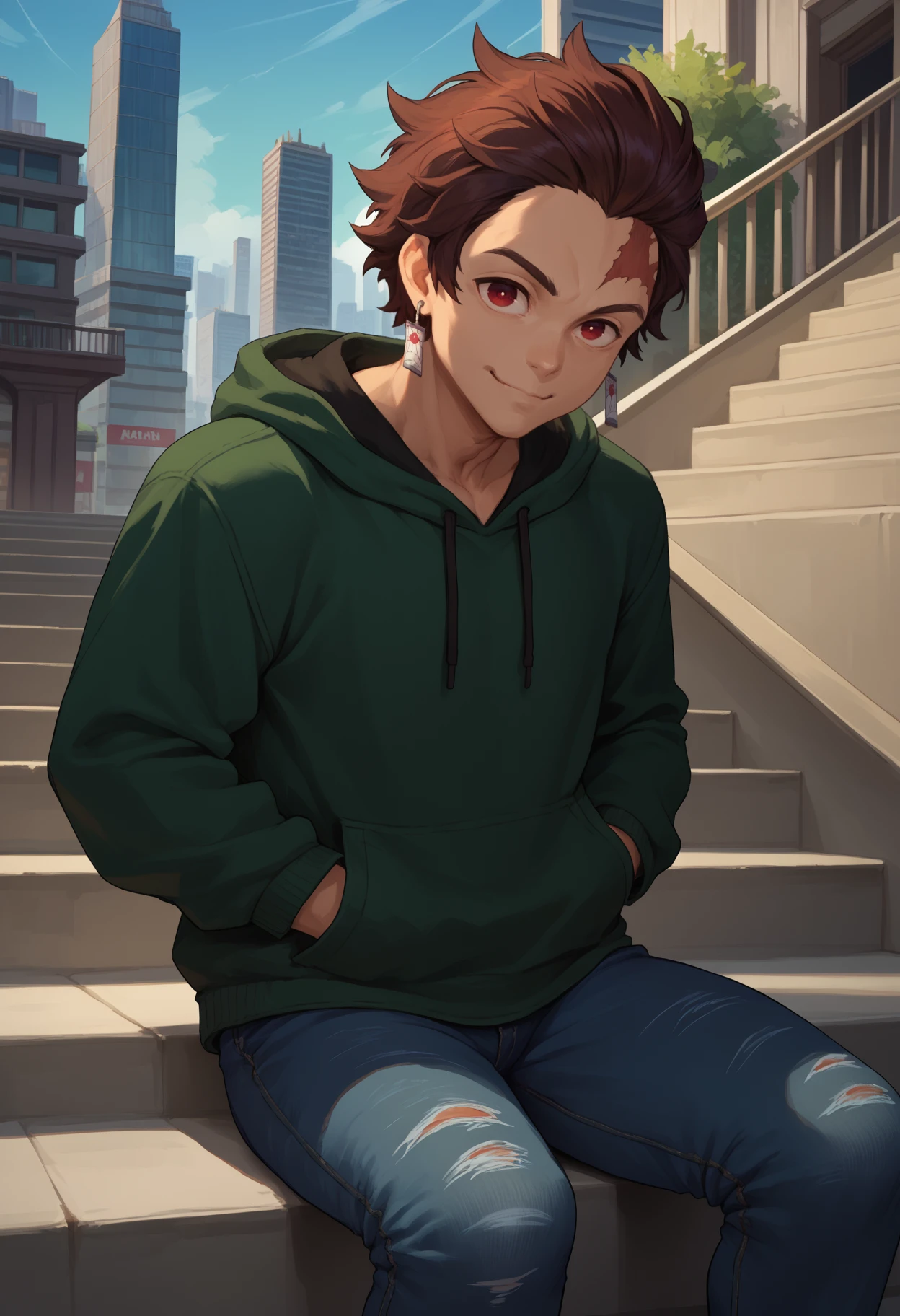 score_9, score_8_up, score_7_up, <break> solo, male focus, 1boy, tanj1rokamad0, scar on forehead, smile, closed mouth, looking at you, sitting, stairs, hands in pockets, short hair, brown hair, red eyes, green hoodie, jeans, earrings, outdoors, city
<segment:yolo-face_yolov8m.pt,0.4,0.5//cid=1>