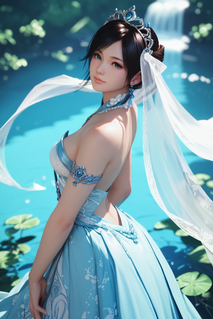 <lora:doa_kokoro:0.9> kokoro, 1girl, dress, bright colors, tiara, sexy, score_9, score_8_up, score_7_up, zPDXL3