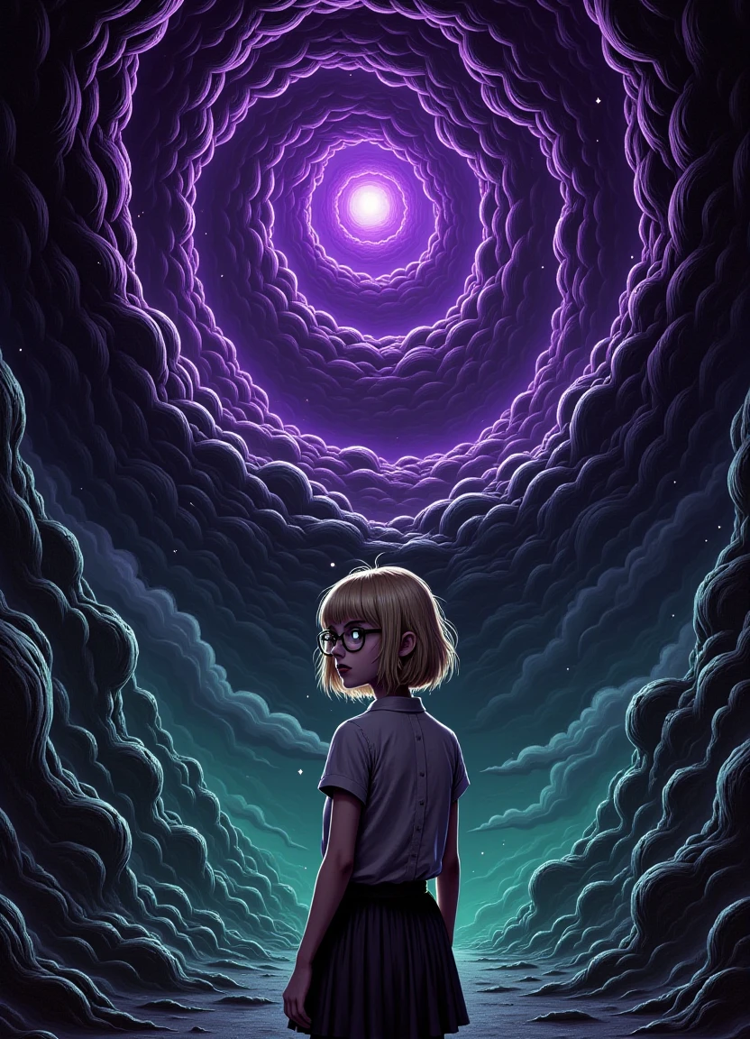 A young woman with short, wavy, light blonde hair and glasses standing in front of a dark, creepy, enthralling wormhole that is swirling with purple and green colors.