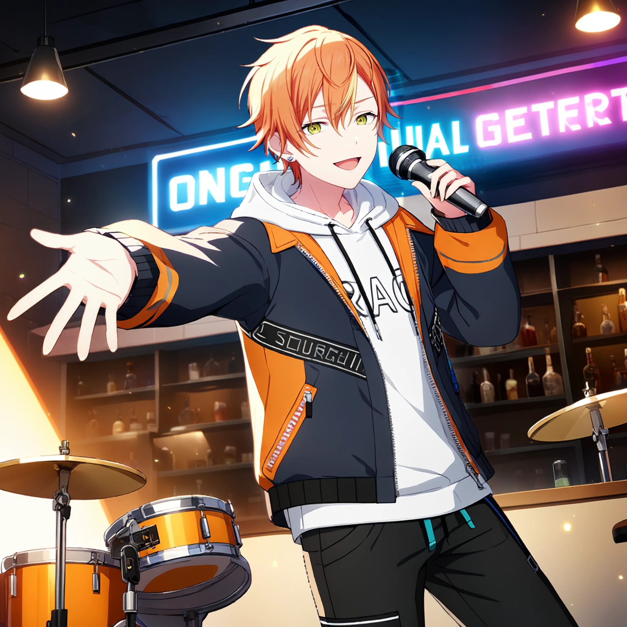 1boy, shinonome akito, project sekai, masterpiece, very aesthetic, absurdres, official art, recent,
brandnew akito, solo, orange short hair, yellow streak hair, two tone hair, (green small eyes:1.2), earrings,  
(looking at viewer:1.4),  standing, singing, holding microphone, reaching towards viewer, open mouth, 
open jacket, white hoodie, black pants, two tone jacket, orange jacket, black jacket, 
in bar, indirect lighting, Lounges bars, luster, neon light, drum set background, 
<lora:sdxl-vbs-BNSAk05:0.9:lbw=0,0,0.2,0.2,0,0.4,0.4,0,0.8,0.8,0,0,0,0.8,0.8,0.6,0.8,0.0,0.0,0.0,0,0,0,0,0,0>