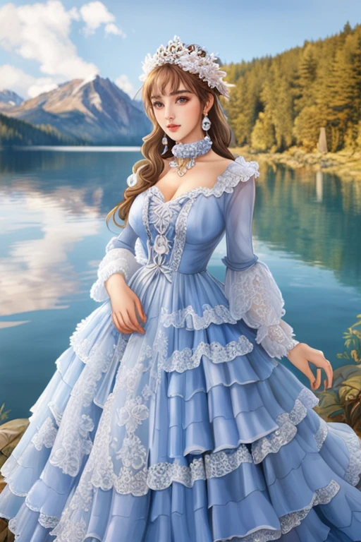 (masterpiece, best quality:1.2),illustration,8k,hd,1 girl,very long hair,solo,(collarbone:1.2),looking at viewer,
Diana,blue dress,jewelry,earrings,lace,lace trim,hair ornament,choker,long sleeves,((cleavage)),big breasts,outdoors,(day, lake:1.5),extremely detailed dress,crystalstexture skin,front view,<lora:dandyg XL:1>,