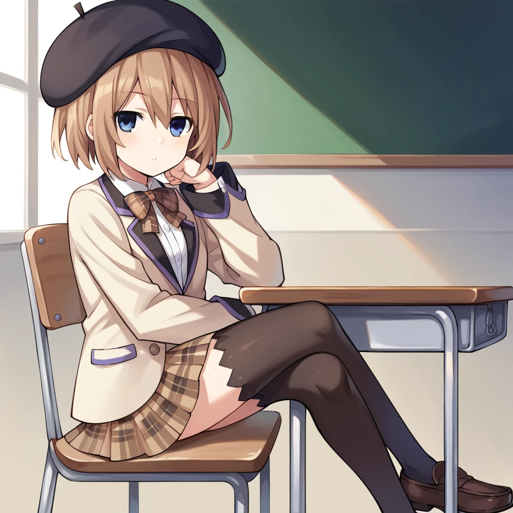 score_9_up, score_8_up, score_7_up, source_anime, 1girl, solo, BlancCPU, BlancOne, Bla_Scl, classroom, sitting on chair, head rest on desk, loafers, brown shoes, looking out the window, crossed legs, from side, blanc (neptune series), brown hair, short hair, blue eyes, lack thighhighs, alt thighhighs, blazer, plaid skirt, brown skirt, pleated skirt, white shirt, brown bowtie, collar shirt, long sleeves, black headwear, beret, yellow blazer, dynamic cowboy shot, indoors, School background