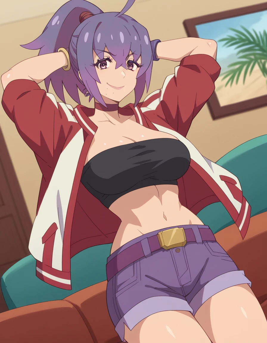 score_9, score_8_up, score_7_up, source_anime, <lora:mayonakapunch-tokage-s1-ponyxl-lora-nochekaiser:1>, tokage, large breasts, ponytail, purple hair, mole, mole under mouth, ahoge,, navel, cleavage, jacket, choker, midriff, shorts, belt, bracelet, red jacket,, living room, video game, controller, competitive, fun, afternoon, smile, looking at viewer, hands behind head, smile,, solo,, cowboy shot, dutch angle