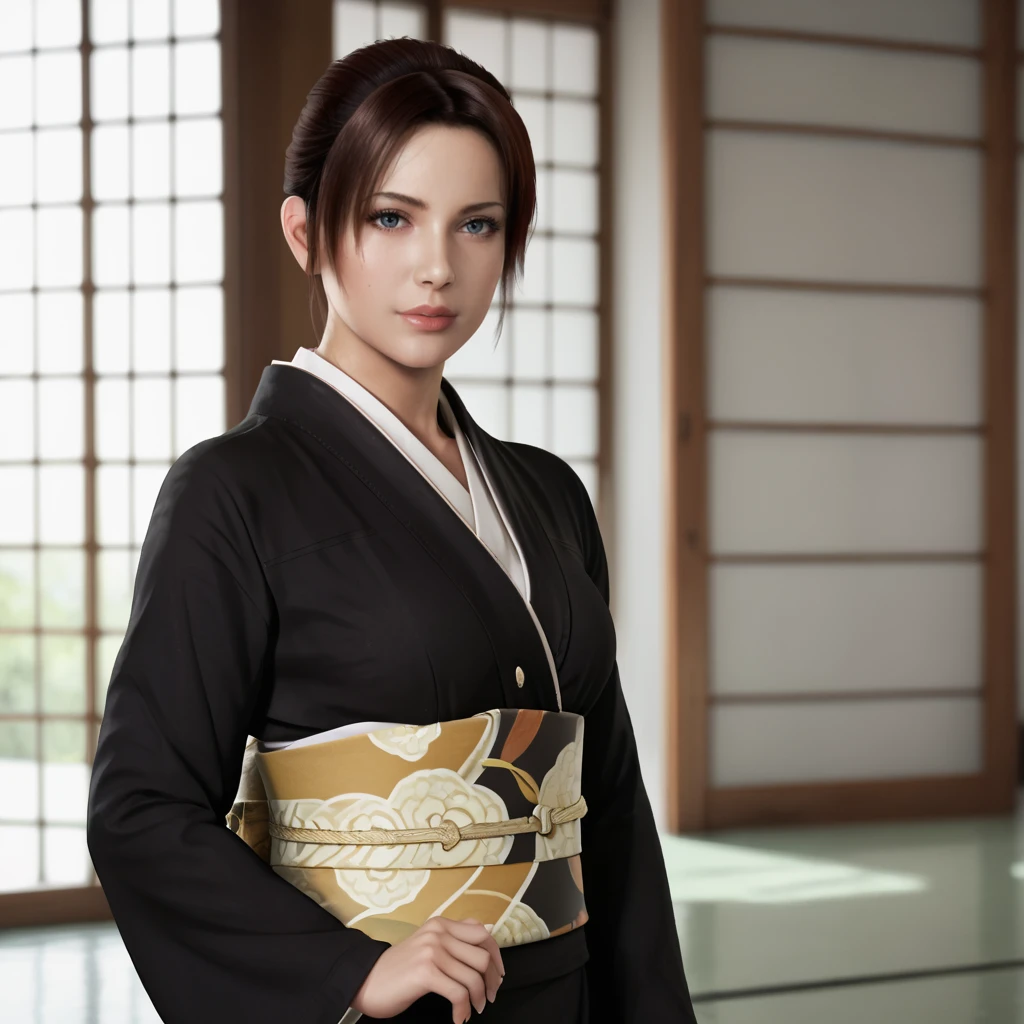 <lora:claireresidentevilmovie_pony_v1:.6> ClaireResidentEvilMovie, 1girl,  short hair, brown hair,large breasts, cowboy shot <lora:tomesode_pony_V1.0:0.7> tomesode,black kimono,obi