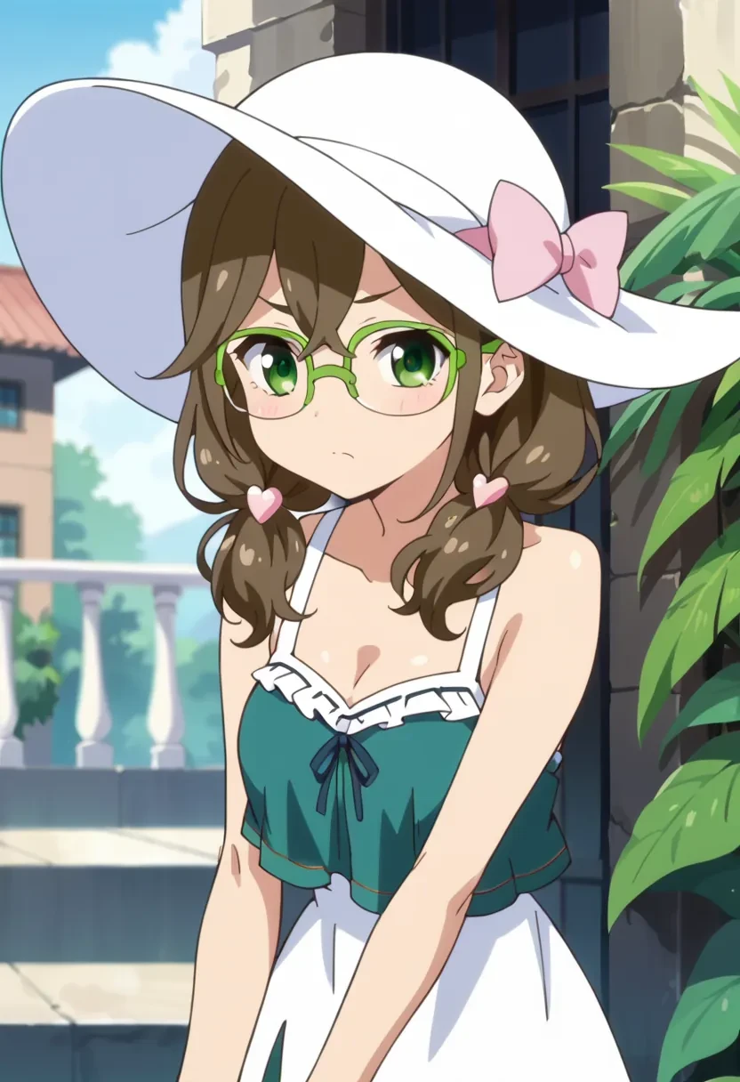 score_9, score_8_up, score_7_up, score_6_up,
source_anime, masterpiece, anime screencap,

1girl, solo,

Sakura Meifon, high twintails, green eyes, brown hair, twintails, green-framed eyewear, glasses,

summer dress, summer hat,