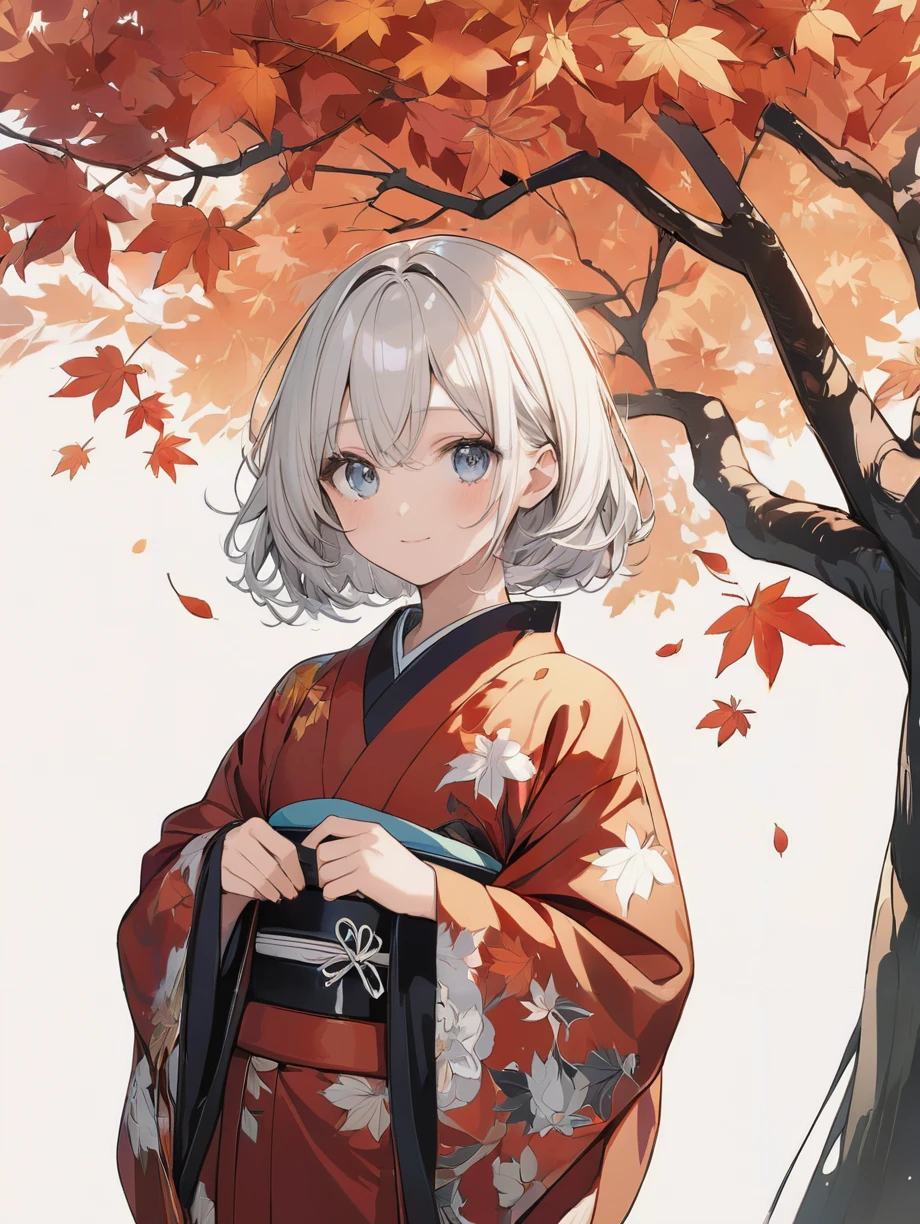 masterpiece,ultra-detailed,best quality,8K,illustration,cute face,clean skin ,shiny hair,girl,ultra-detailed-eyes,simple background, <lora:add-detail-xl:1>  <lora:kouyou_XL_V1.0:0.8> autumn leaves,tree,kimono