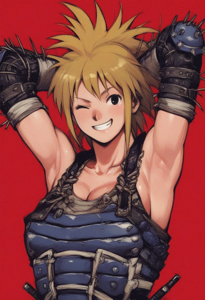 (score_9, score_8_up, score_7_up), drhdr_style, 1girl, solo, anime_source, Nikaido, blonde hair, black eyes, large breasts, armor, japanese armor, armpits, samurai, arms up, kawaii, grin, wink, red background