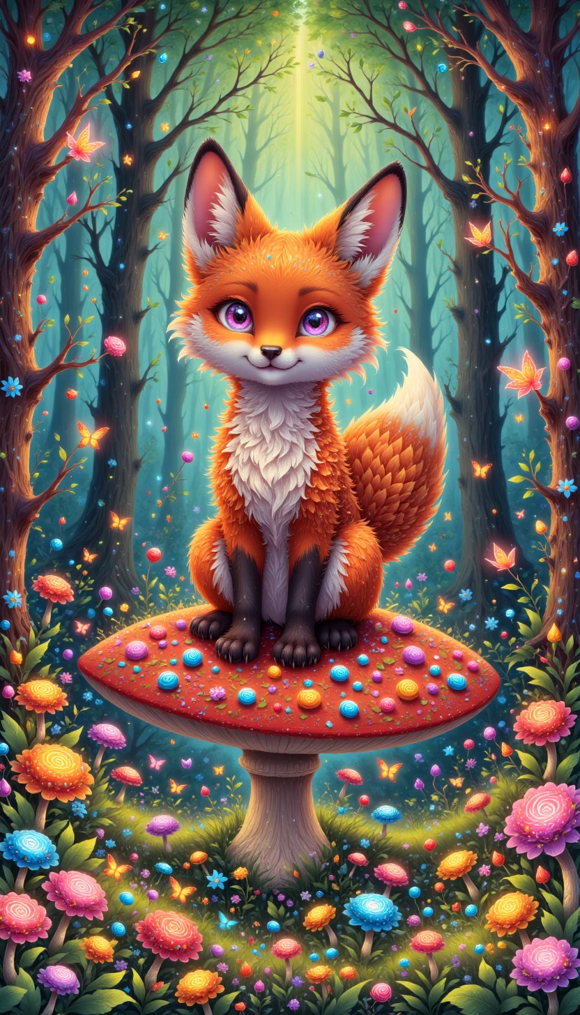 p1nkcut3c4ndy, candies, A charming, whimsical portrait of a cute fox sitting on a mushroom in a forest glade, surrounded by delicate fungi and sparkling dewdrops.