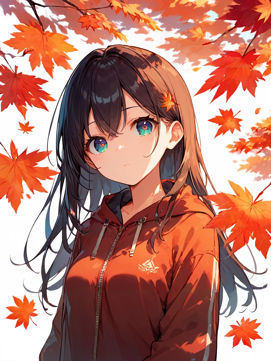 score_9, score_8_up, score_7_up,source_anime, high res image,masterpiece,best quality,(girl:1.0),cute face,clear skin,shiny hair,ultra detailed eyes,simple background, <lora:kouyou_pony_V1.0:1> autumn leaves, tree