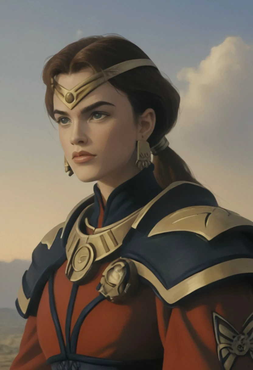 <lora:Sisters-of-Battle-subset:1>marlena_ba, battle armor, 1girl, Long brown hair, ponytail, green eyes, earrings, she has a serious look to her face,( style of Cedric Peyravernay:1.3) <lora:w4rh4mm3r_v1:.6> w4rh4mm3r style oil painting, grimdark, beautiful female