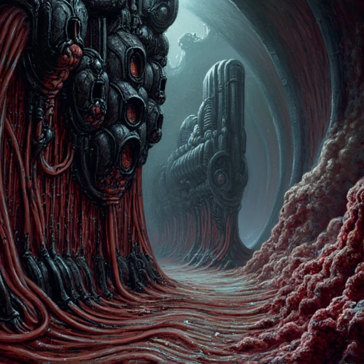 sc0rn, In a highly intricate digital painting, an unsettling biomechanical environment unfolds, where gleaming metal entwines unnervingly with raw, pulsating flesh. Jagged, dark structures rise like ominous monoliths, their surfaces slick and glistening under a dim, flickering glow of artificial lights. Shadows dance and loom, creating an eerie atmosphere that hints at ancient machinery long forgotten. The air is thick with a metallic tang, and the low, resonating hum of unseen engines sends chills down your spine, mixing eerily with sporadic, unsettling whispers that echo through the cavernous expanse.  Cables, slick and sinewy, snake across the ground like grotesque veins, merging seamlessly with the organic elements in the environment. Their metallic sheen contrasts sharply with the raw, fleshy surfaces that pulse and throb in a grotesque mimicry of life. Faint bioluminescence glows softly, casting a ghastly light on the floors, revealing pits filled with viscous substances and relics of forgotten experiments—metal shards and biological remnants that tell tales of a once-thriving, though horrifying, symbiosis.   Floating platforms hover precariously above, adorned with flickering screens displaying cryptic, alien symbols, while the occasional clang and hiss of machinery punctuates the heavy silence, heightening the sense of foreboding. The scene is imbued with a palpable tension, a feeling of dread that lingers in the air, as if at any moment, the bio-mechanical beings that inhabit this eerie landscape might awaken to their surroundings. This is a haunting fusion of nature and technology, where every corner promises a new discovery steeped in sinister allure.