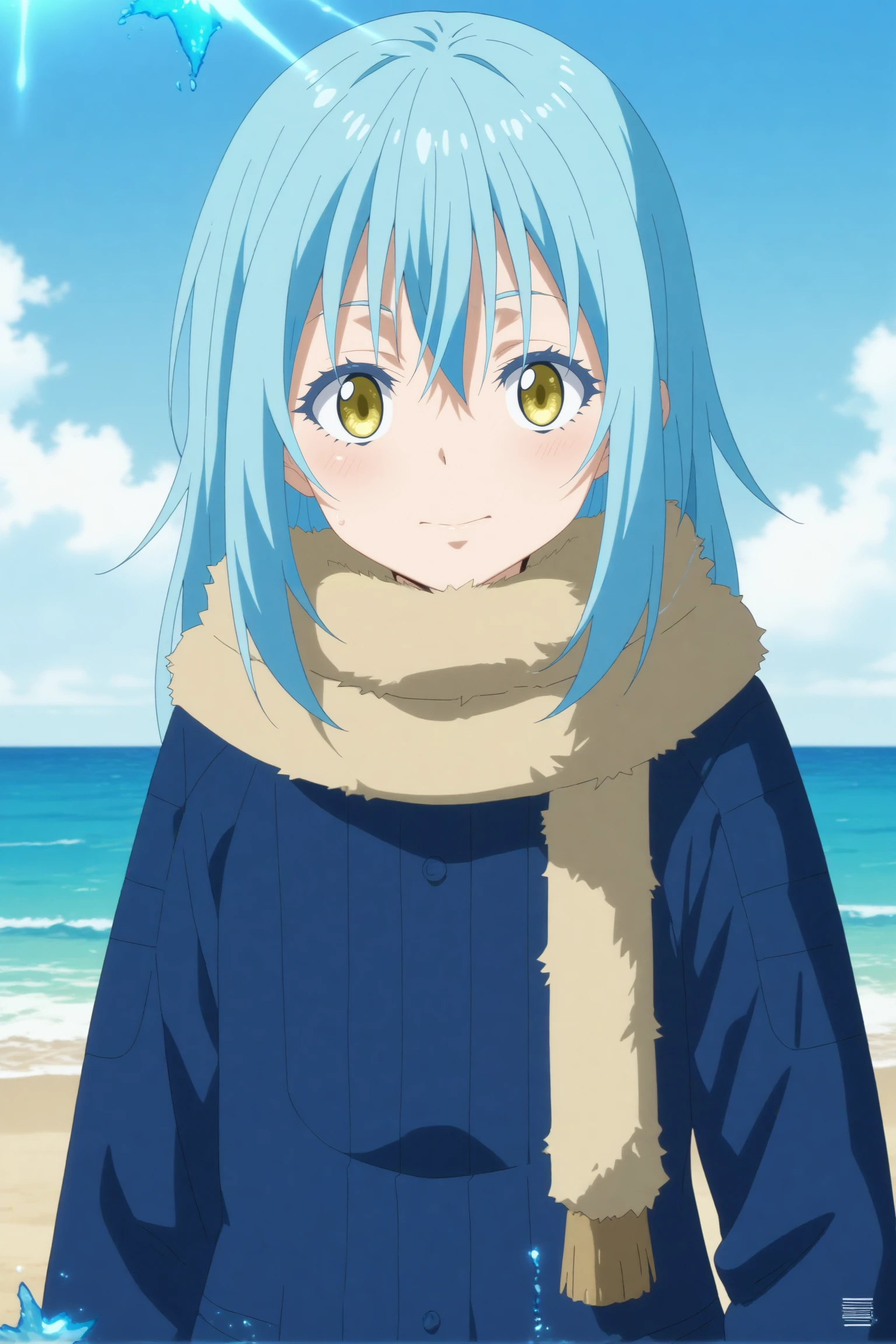 1girl,solo,rimuru,long hair,smile,androgynous,bangs,hair between eyes,closed mouth,looking at viewer,fur collar,scarf,fur trim,coat,blue coat,day,long sleeves,sea <lora:Rimuru_-_Tensei_Shitara_Slime_Datta_Ken.safetensors:0.8> 