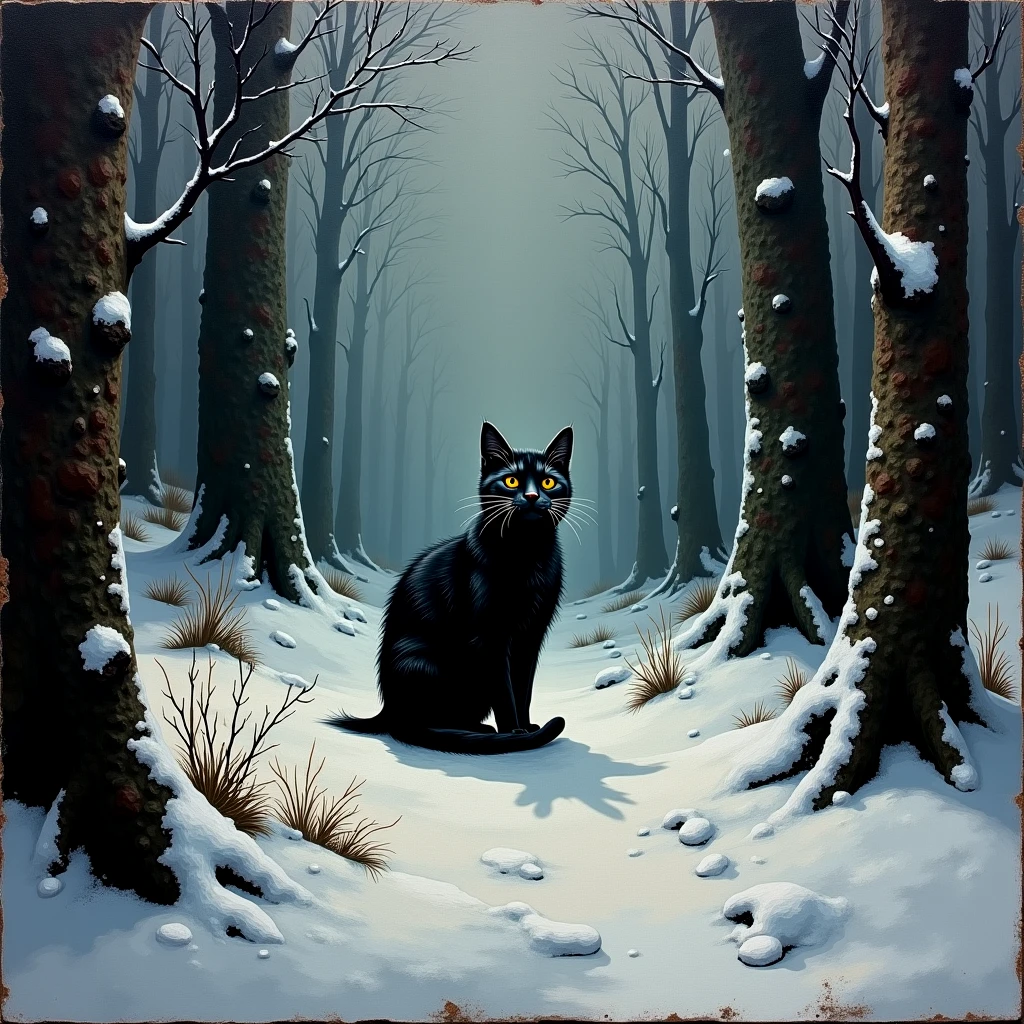 Painting of a frightened cat in a freezing forest snow storm, seeking shelter. Atmospheric, rustic, moody. Misty. Snowing.

rmbrnksyCE style