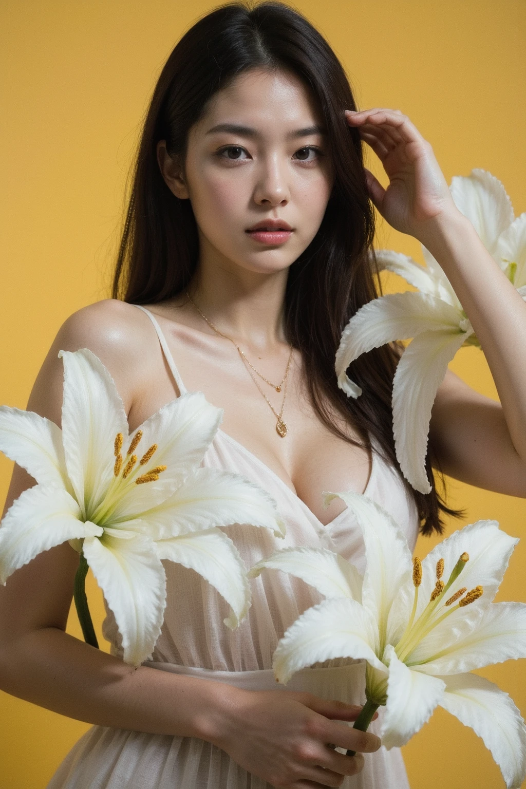 The image showcases a young woman wearing necklace and earrings with pale skin and makeup. She is positioned against a strikingly vibrant gold background, which is filled with large white lilies  flowers. The flowers dominate the composition, adding a dramatic and intense contrast to her skin tone and overall appearance.
The woman is dressed in gothic styled gown, which drapes softly over her shoulders, leaving her upper back and one shoulder exposed. Her expression is calm and slightly mysterious, with her gaze directed slightly to the side, away from the camera. The large flowers, some of which overlap with her figure, create a dreamy and surreal atmosphere, as if she is blending into or emerging from the floral background., <lora:flux_realism_lora:1>, <lora:makinaflux_fluxgirl_v1.0:1>