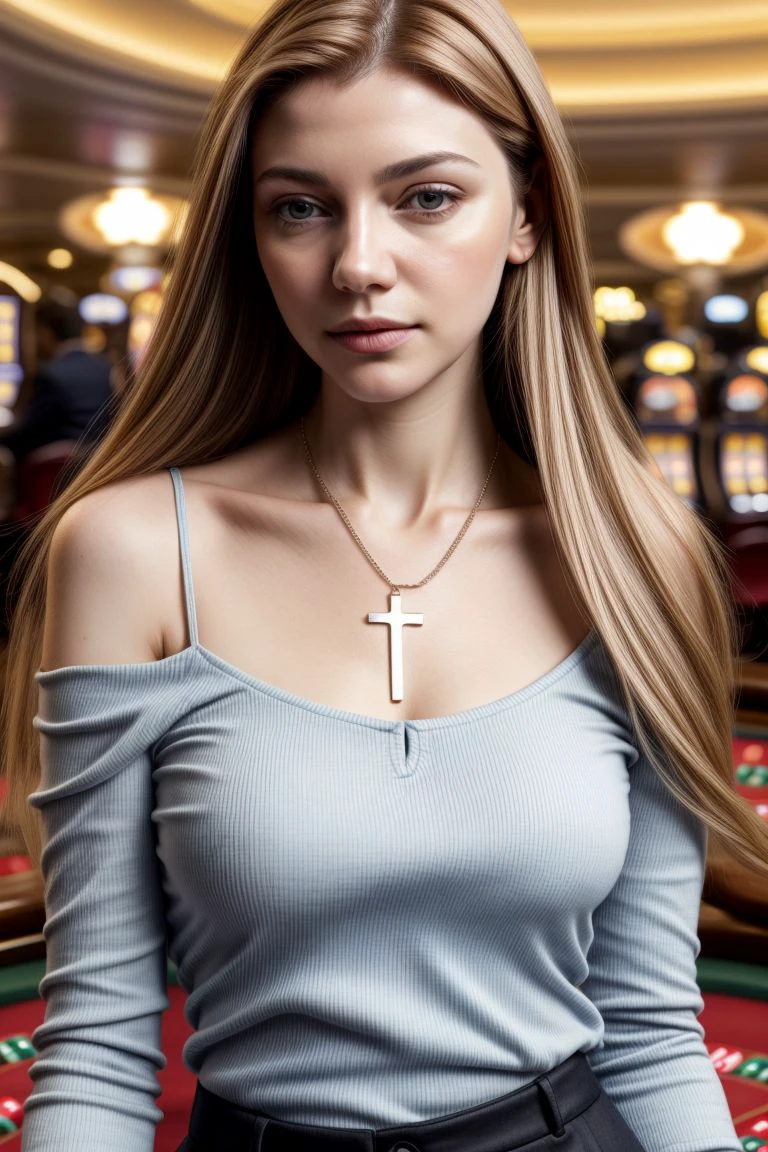 European woman, closeup, (shirt), pants, (casino), cross necklace , ZM_niamh, wide shoulders, perfect face, (contact iris: 1.1), pale skin, skin pores , depth of field