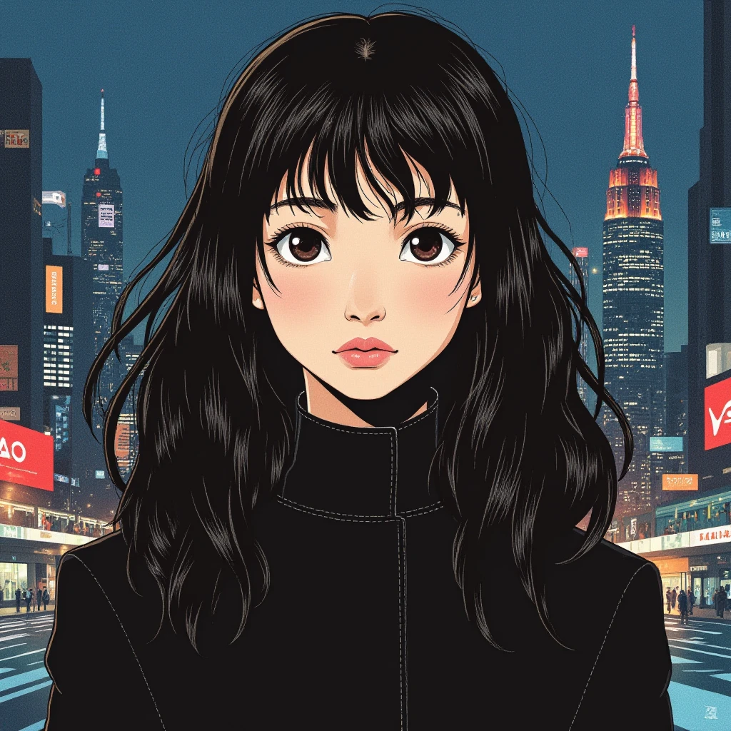 ((Retro 90s Anime style illustration)) drawing of a closeup on face of woman wearing a long black trench-coat futuristic city in the background in the style of the 90s anime Akira. ,<lora:hoyeon_local_flux_1_standard-000033:1>