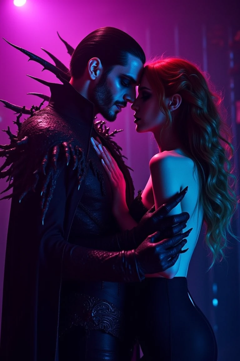 A Nosferatu vampire embracing a beautiful, half-naked young redhead woman. She is in a state of excited terror, while the vampire adores her with a mix of affection and hunger. The scene is bathed in soft lights with purple, pink, magenta, and blue hues. The vampire's elongated fingers gently caress the woman's skin, creating a sensual yet eerie atmosphere. The composition is intimate, focusing on their faces and the vampire's hands on the woman's body. Highly detailed, ultra-realistic, 8k resolution.