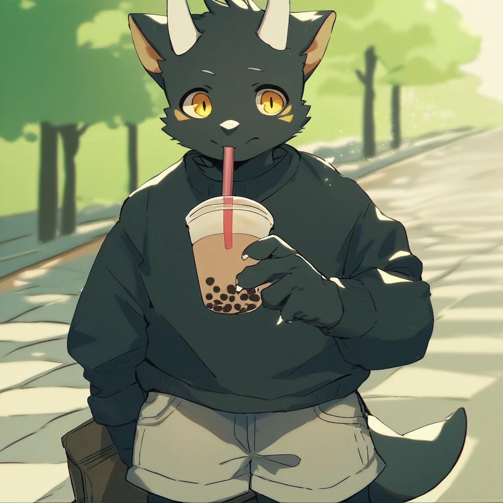 score_9_up, score_8_up, score_7_up, source_furry, mikus-wieneko138226, black dragon, black body, white horns, yellow eyes, park, holding, bubble tea, black sweater, gray shorts, 1boy, solo