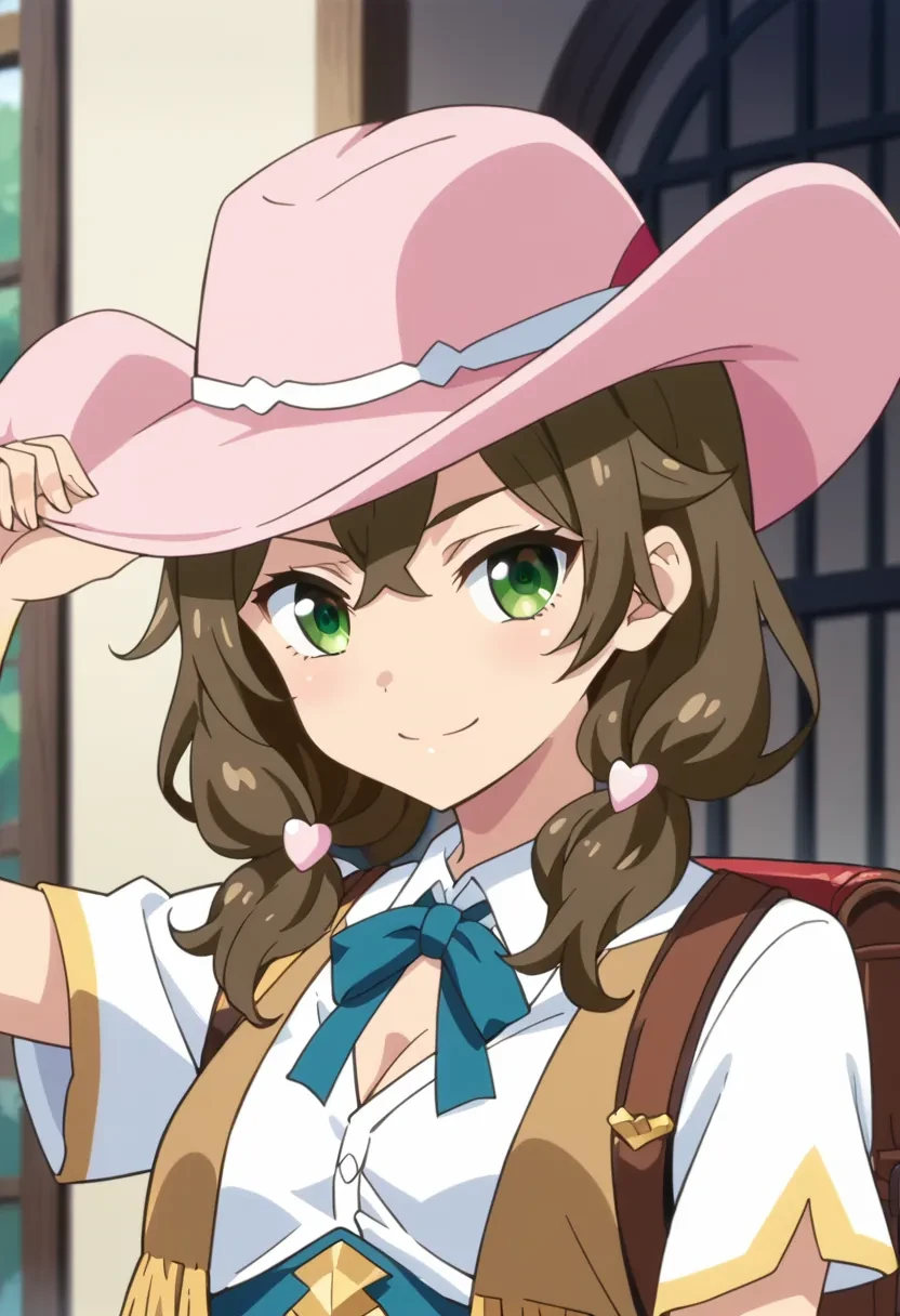 score_9, score_8_up, score_7_up, score_6_up,
source_anime, masterpiece, anime screencap,

1girl, solo,

Sakura Meifon, low twintails, green eyes, brown hair, cowboy hat, vest

smile, upper body, looking at viewer