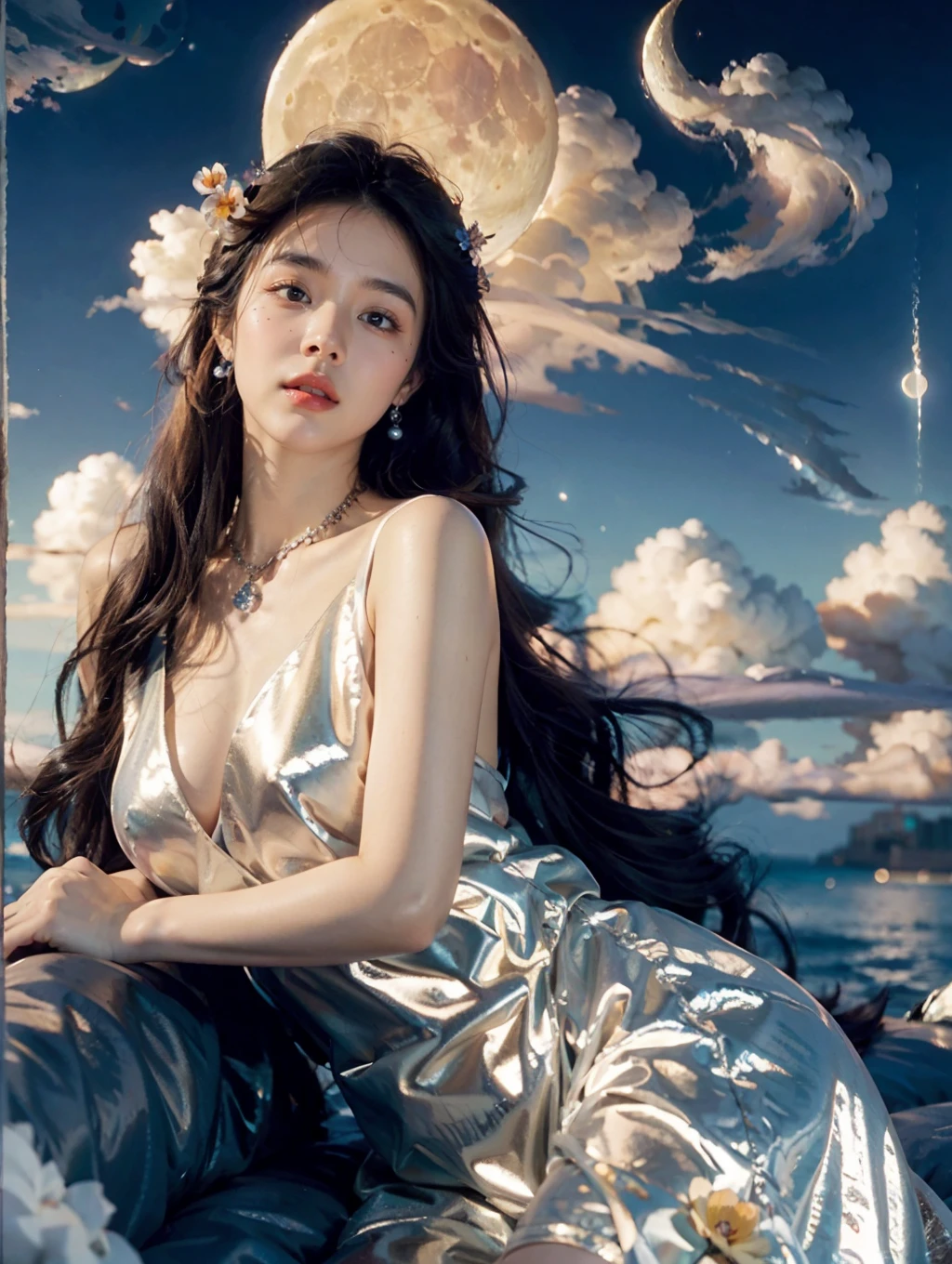 1girl,curly hair,necklace,earrings,lips,(haute couture fashion fable:1.3),(Milky skin, shiny skin:1.2),A beautiful woman with delicate facial features,(medium breasts:1.3),very long hair,(bare shoulders:0.8),(the huge moon:1.3),bright,(clouds:1.8),sky,realistic style with fantasy elements,cowboy shot,floating highlights,(light on face:1.5),Bubbly,day,splash of color,floating in the sky,cloud,Tyndall effect,volumetric lighting,sharp focus,masterpiece,best quality,<lora:last-000001:0.6>,(bubble_skirt:1.1),(white dress:1.3),(ocean:1.5),(panorama:1.9),(flower:1.2),art by Alessio Albi,(low saturated pink and blue color sch:1.2),<lora:å¢å å²è¯ç»é¢æ°å´åæå¾ç»è_v1.0:0.6>,