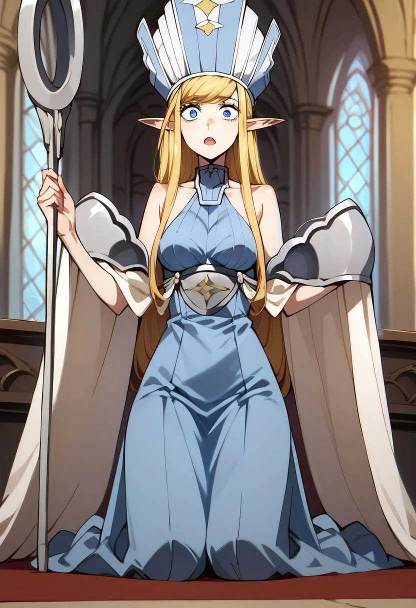 score_9, score_8_up, score_7_up, 
4nnette, annette isekai shikkaku, annette \(isekai shikkaku\), 1girl, pointy ears, blonde hair, elf, solo, staff, long hair, mitre, dress, hat, open mouth, blue dress, kneeling, blue eyes, holding, indoors, bare shoulders, armor, cape, wide-eyed, breasts