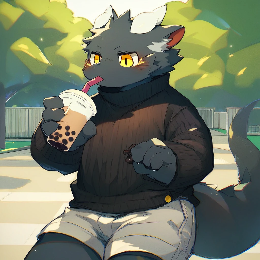 score_9_up, score_8_up, score_7_up, source_furry, mikus-style, black dragon, black body, white horns, yellow eyes, park, holding, bubble tea, black sweater, gray shorts, 1boy, solo