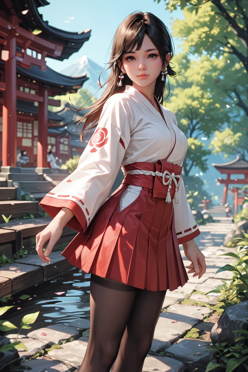 <lora:doa_kokoro:0.9> kokoro, miko outfit, skirt, pantyhose, japanese shrine, score_9, score_8_up, score_7_up, zPDXL3