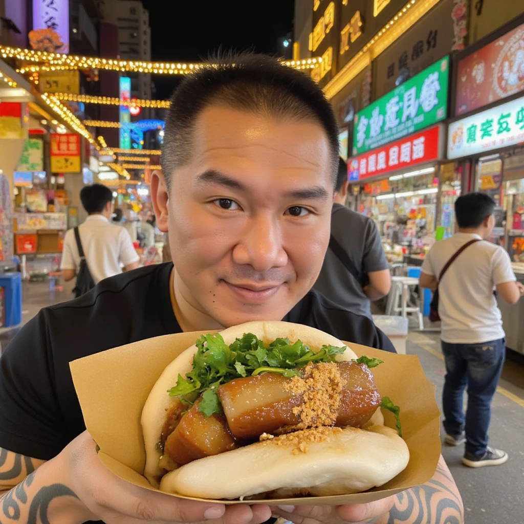 Medium shot of a man enjoying a traditional Taiwanese gua bao at a bustling night market, the gua bao taking up about a quarter of the frame in his hands, steamed white bun folded like a taco, stuffed with classic Taiwanese san-layer pork belly (三層肉), fresh cilantro leaves visible but not overwhelming, fine peanut powder dusted on top, man's satisfied expression clearly visible as he takes a bite, background showing colorful night market stalls, string lights overhead, other patrons visible in the scene, warm lighting emphasizing the vibrant atmosphere, high-resolution image balancing focus between the man, the gua bao, and the lively night market setting