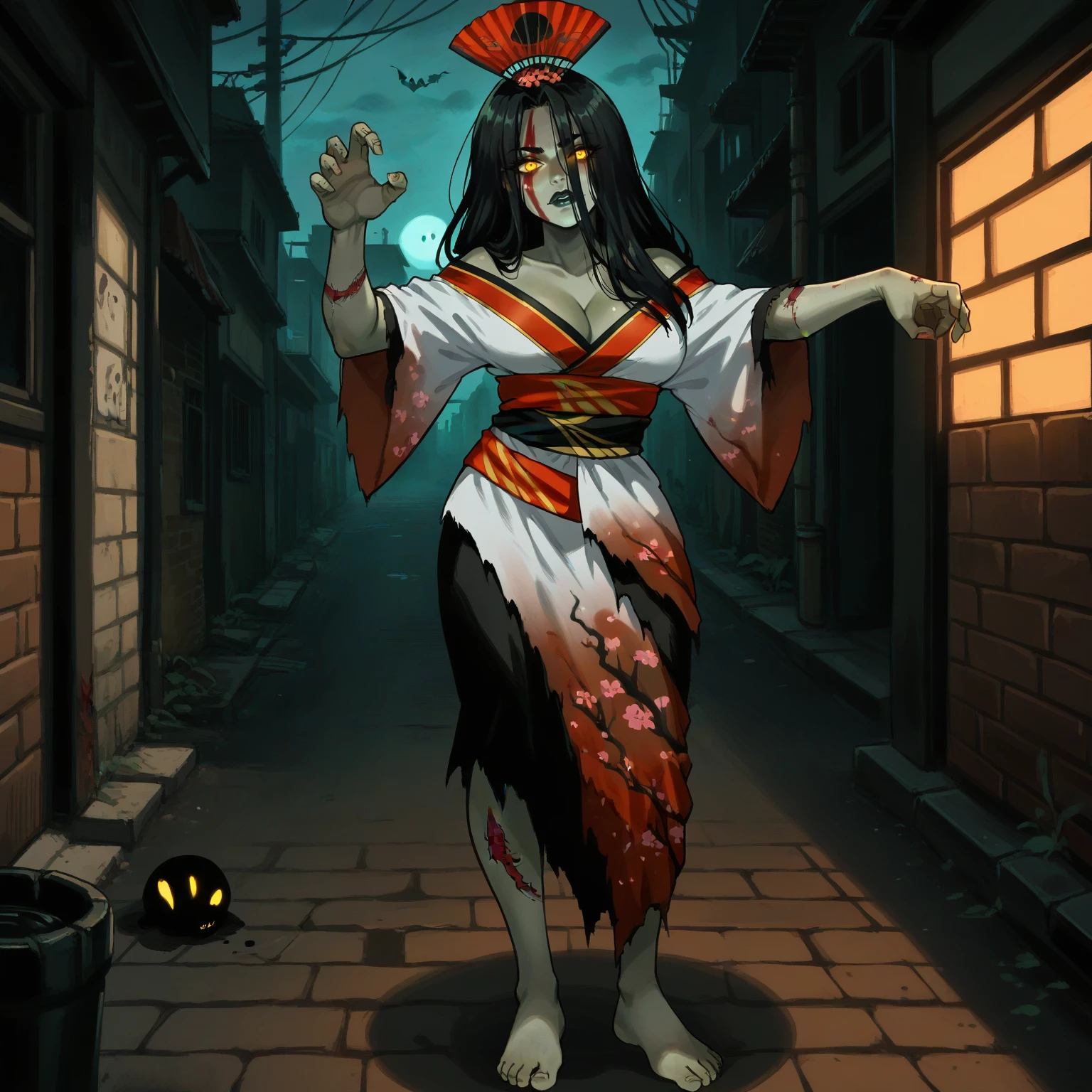 score_9, score_8_up, score_7, IzaSmi, (head tilt, ghost_pose, zombie pose), standing,
1girl, solo, long hair, breasts, looking at viewer, black hair, monster girl, cleavage, facial mark, yellow eyes, kimono, hair over one eye, torn clothes, sash, barefoot, 
alleyway, dim lighting, brick alley, horror,
 <lora:Izanami_-_Smite:1>