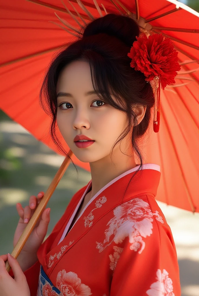 masterpiece, best quality,   <lora:Kim_Sohyun_Flux:1> $0hyun, a korean woman in a kimono holding a red umbrella and wearing a flower in her hair and a red flower in her hair, Fan Qi, highly detailed digital painting, a photorealistic painting, cloisonnism