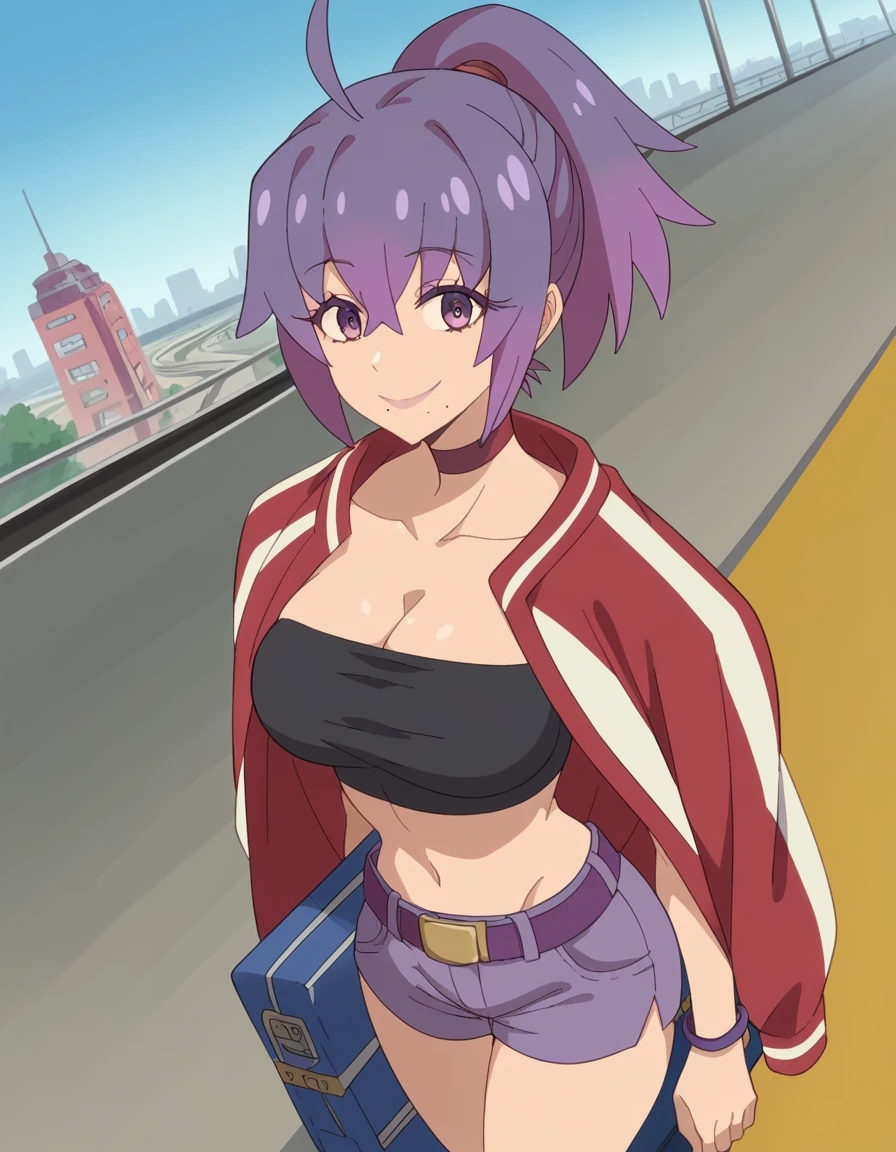 score_9, score_8_up, score_7_up, source_anime, <lora:mayonakapunch-tokage-s1-ponyxl-lora-nochekaiser:1>, tokage, large breasts, ponytail, purple hair, mole, mole under mouth, ahoge,, navel, cleavage, jacket, choker, midriff, shorts, belt, bracelet, red jacket,, train station, waiting for train, suitcase, traveling, commute, city skyline, hands behind back,, smile, , smile, from above,, solo,, cowboy shot, dutch angle