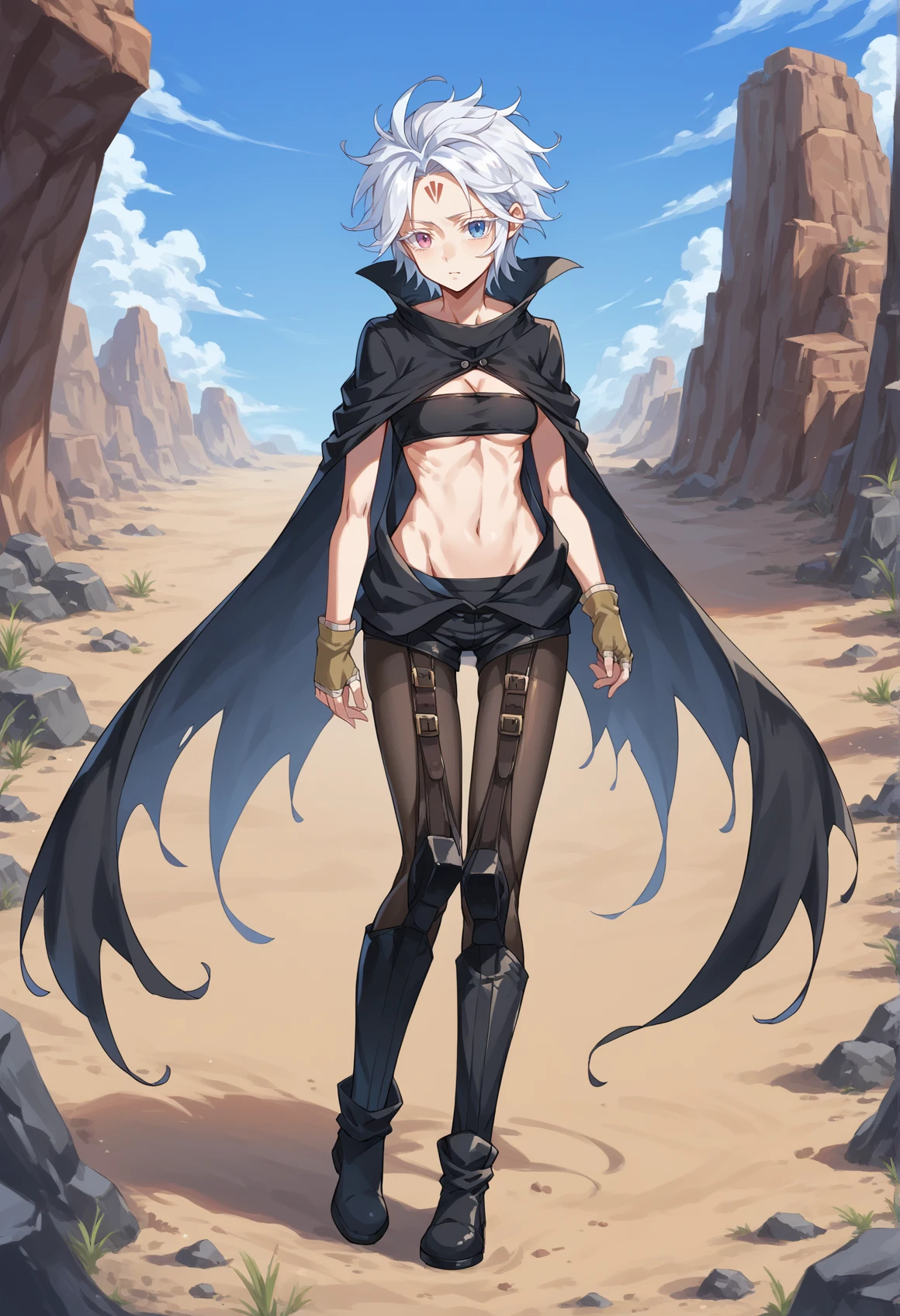 1girl, short hair, white hair, colored eyelashes, blue eyes, heterochromia, pink eyes, forehead mark, sweater, clothing cutout, center opening, tube top, shorts, chaps, strap, knee pads, thigh boots, outdoors, desert, rock, fingerless gloves, cape, pantyhose  <lora:Flamie_rokka:1>, score_9, score_8_up, score_7_up, score_6_up, score_5_up, score_4_up, BREAK source_anime, masterpiece