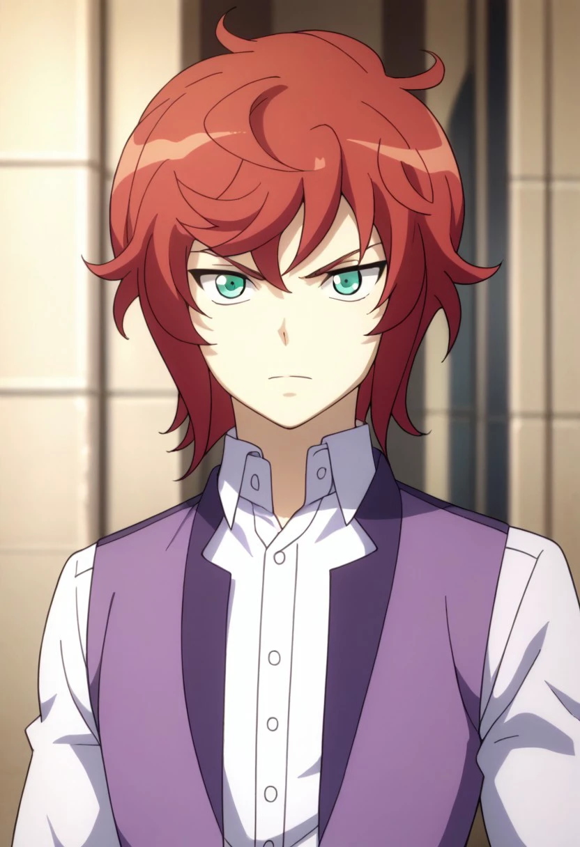 score_9, score_8_up, score_7_up, source_anime, highly detailed, 
satoru, 1boy, male focus, solo, red hair, short hair, green eyes, shirt, white shirt, collared shirt, vest, purple vest,  upper body,
indoor,