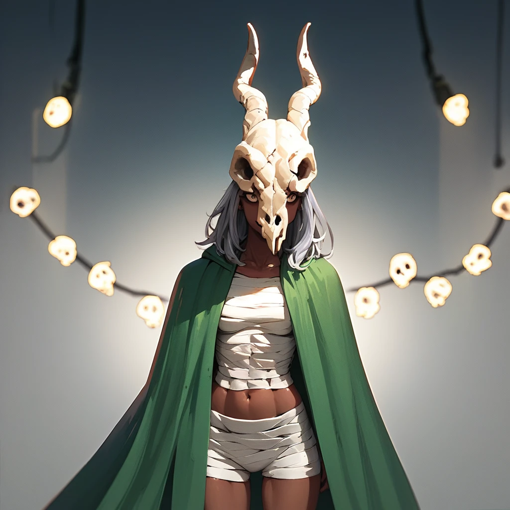 score_9, score_8_up, score_7_up, BREAK, 1girl portrait, dramatic lights thesilent, grey hair, dark skin (skull:1.3), green cloak, bandages, midriff, bandaged legs