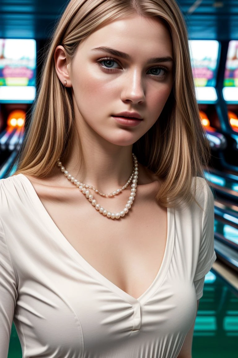 European woman, closeup, (shirt), pants, (bowling alley), pearl necklace , (), ZM_jana, wide shoulders, perfect face, (contact iris: 1.1), pale skin, skin pores , depth of field