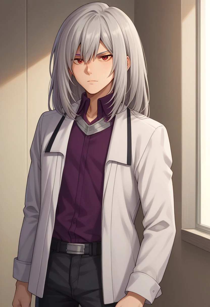 score_9, score_8_up, score_7_up, source_anime, highly detailed, 
koujibu, 1boy, male focus, solo, grey hair, long hair, red eyes, shirt, collared shirt, purple shirt, jacket,
white jacket, open jacket, open clothes, pants, black pants, upper body, 
indoor,