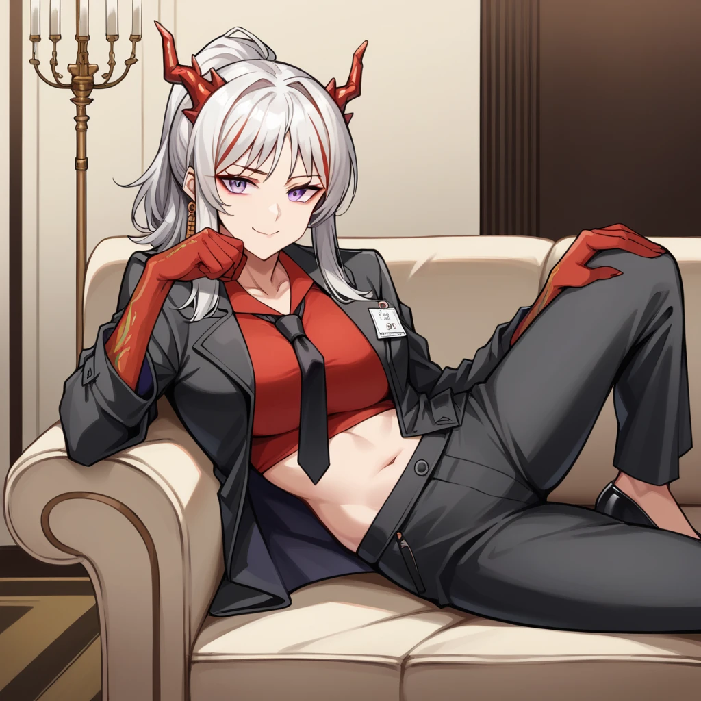 score_9_up, score_8_up, score_7_up, source_anime, 1girl, solo, NianArk, Ni_Film, chandelier, luxurious background, lying on side on couch, bend knee, pants,black high heels, head rest, smug smirk, closed mouth, looking at you, face focus, nian (arknights), purple eyes, high ponytail, white hair, red hair, streaked hair, horns, dragon tail, high ponytail, black jacket, open jacket, jacket, crop top, red shirt, midriff, navel, collared shirt, black necktie, collarbone, long sleeves, black sleeves, red gloves, elbow gloves, fingernails, mature body, dynamic cowboy shot, indoors, Hotel lounge background