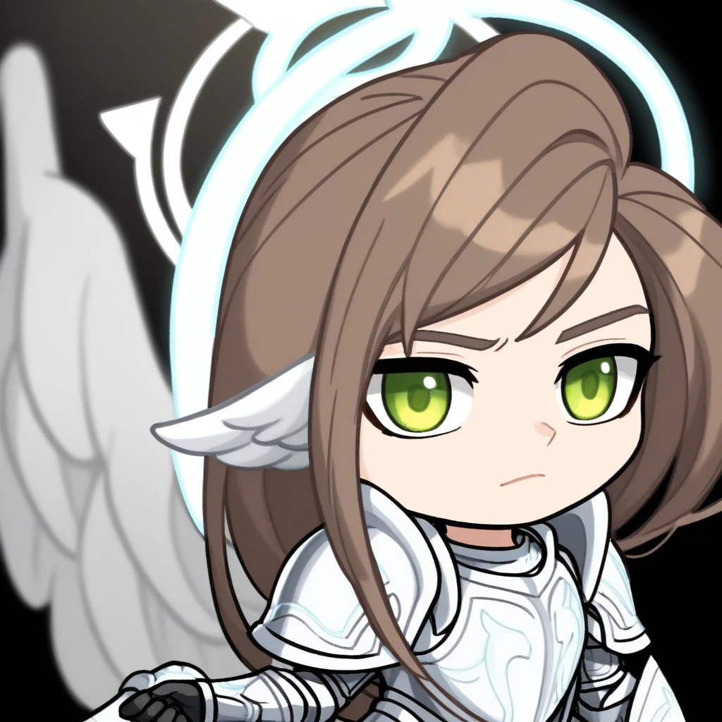 olive eyes, 1girl, gloves, wing, wing on head, wings on head, female focus, white wings, angel, weapon, paladin armor, female with armor, glowing, boots, helmet, solo, teeth, green eyes, girl, brown hair, strong woman, bow, breastplate, holding, black gloves, halo, black background, portrait, upper body, woman, light skin, chibi, armor, closed mouth, wings, long hair, female, headwear removed, day