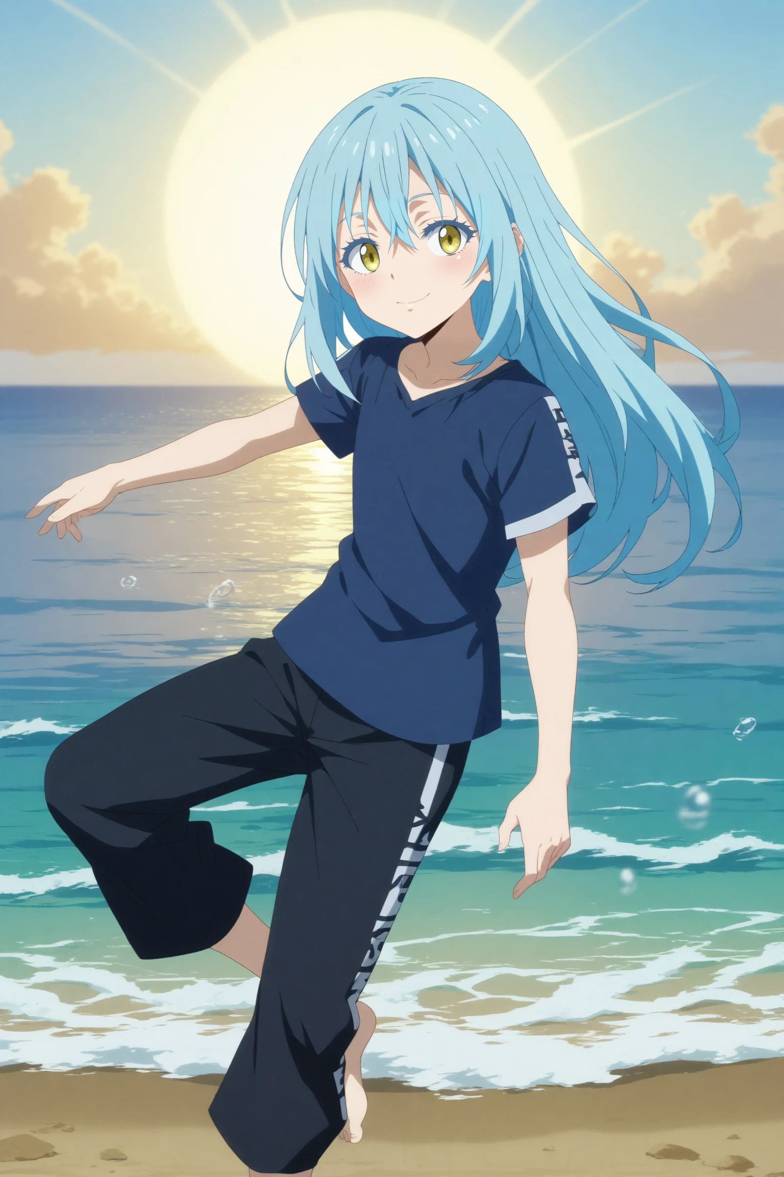 1girl,solo,rimuru,long hair,smile,bangs,hair between eyes,closed mouth,looking at viewer,blue shirt, indoors, barefoot, standing, black pants, short sleeves,sea,dancing<lora:Rimuru_-_Tensei_Shitara_Slime_Datta_Ken.safetensors:0.8> 