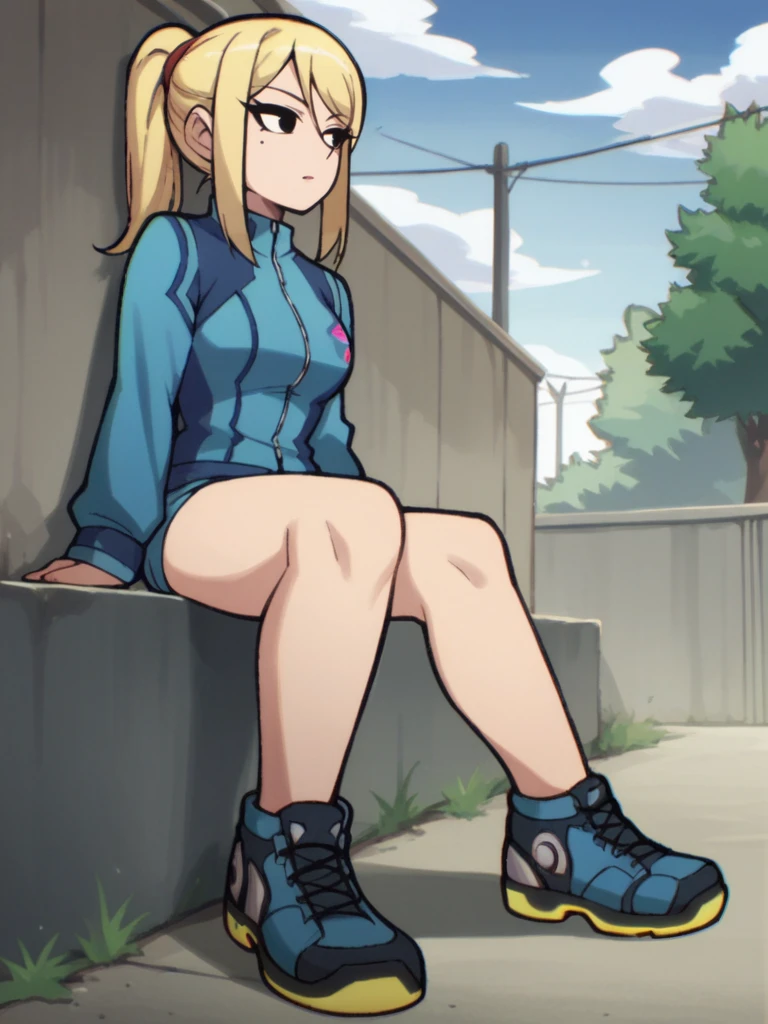 masterpiece,best quality, highly detailed, score_9, score_8_up, score_7_up, score_6_up,BREAK
pacifica, 1girl, solo, blonde hair, gloves, jewelry, earrings, long hair, bangs, blunt bangs, sitting on bench, spread legs, bedroom eyes, smile,looking at viewer, ponytail, makeup, style parody, eyeshadow, purple DOLLSUIT, full body, latex leotard, cameltoe, thick thighs, wide hips, brown boots, red gauntlets, fingerless gloves,, purple hairband,