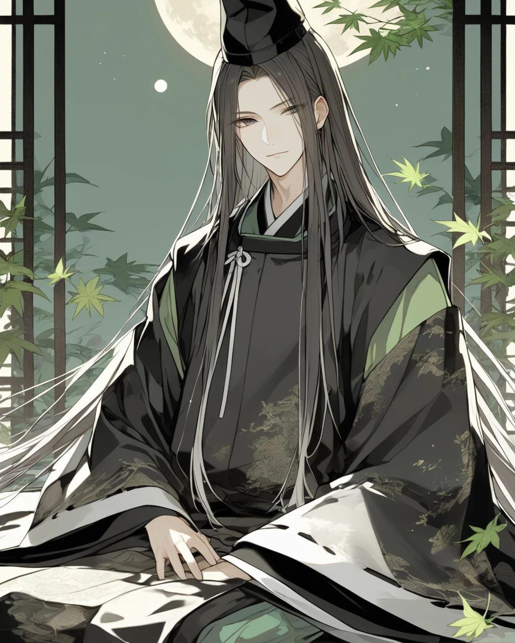 1boy, male, beautiful face. cute face.  long hair. black eyes. japanese cloth.
white suikan. eboshi. ebosi, tate ebosi, heian. sitting. moon. green leaves. 
trimmed ribbon sleeve.
best quality. highly detailed
<lora:loha_suikan_anipen50_sdxl:0.8>