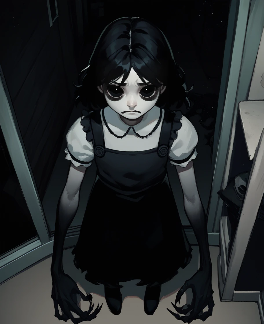 score_9,score_8_up,score_7_up,score_6_up,
agathaxl,black hair,black eyes, looking at viewer,  sad, 
pinafore dress,black claws,black hands,
horror \(theme\), from above,  
school,dark corners,night,indoors,
<lora:agathaxl:1>,