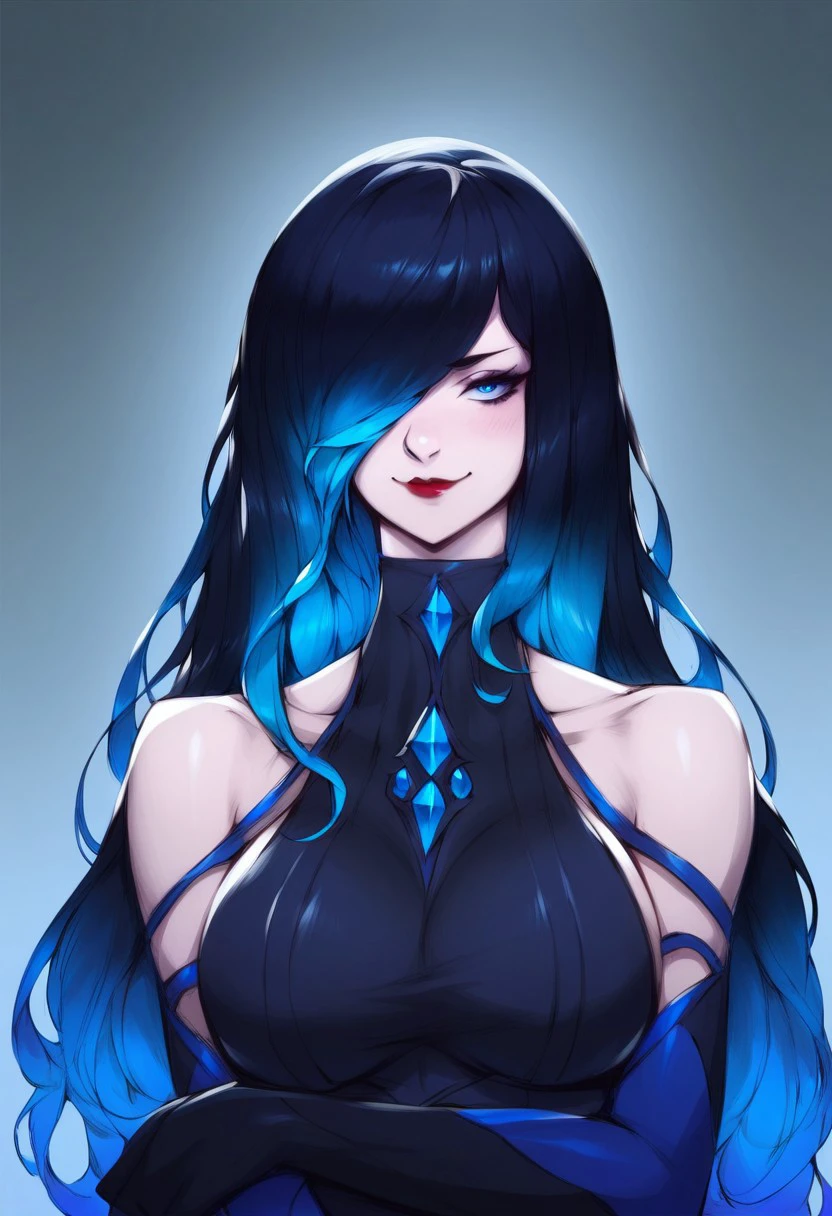 score_9, score_8_up, score_7_up, 
z3r0n1s, ZeronisArtStyle, Zeronis Art Style,
rating_safe, 
1girl, solo, long hair, breasts, looking at viewer, blush, smile, bangs, blue eyes, large breasts, black hair, closed dress, gloves, dress, bare shoulders, closed mouth, blue hair, upper body, multicolored hair, elbow gloves, hair over one eye, collar, lips, gradient hair, red lips,