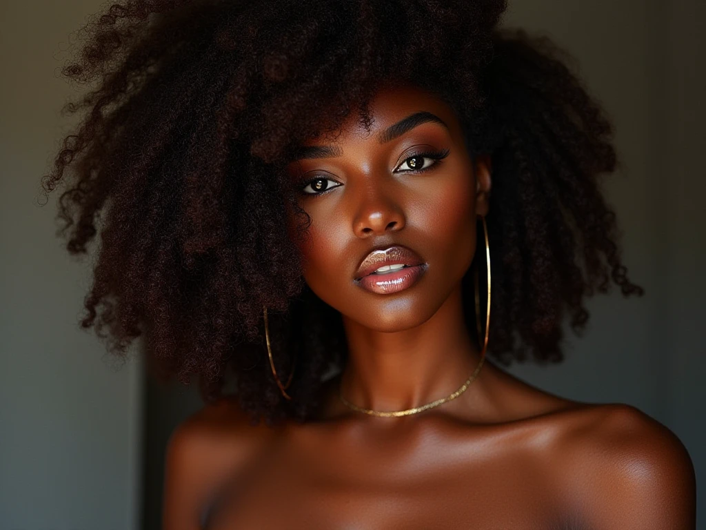 melanin a woman posing , amiling, afro hair