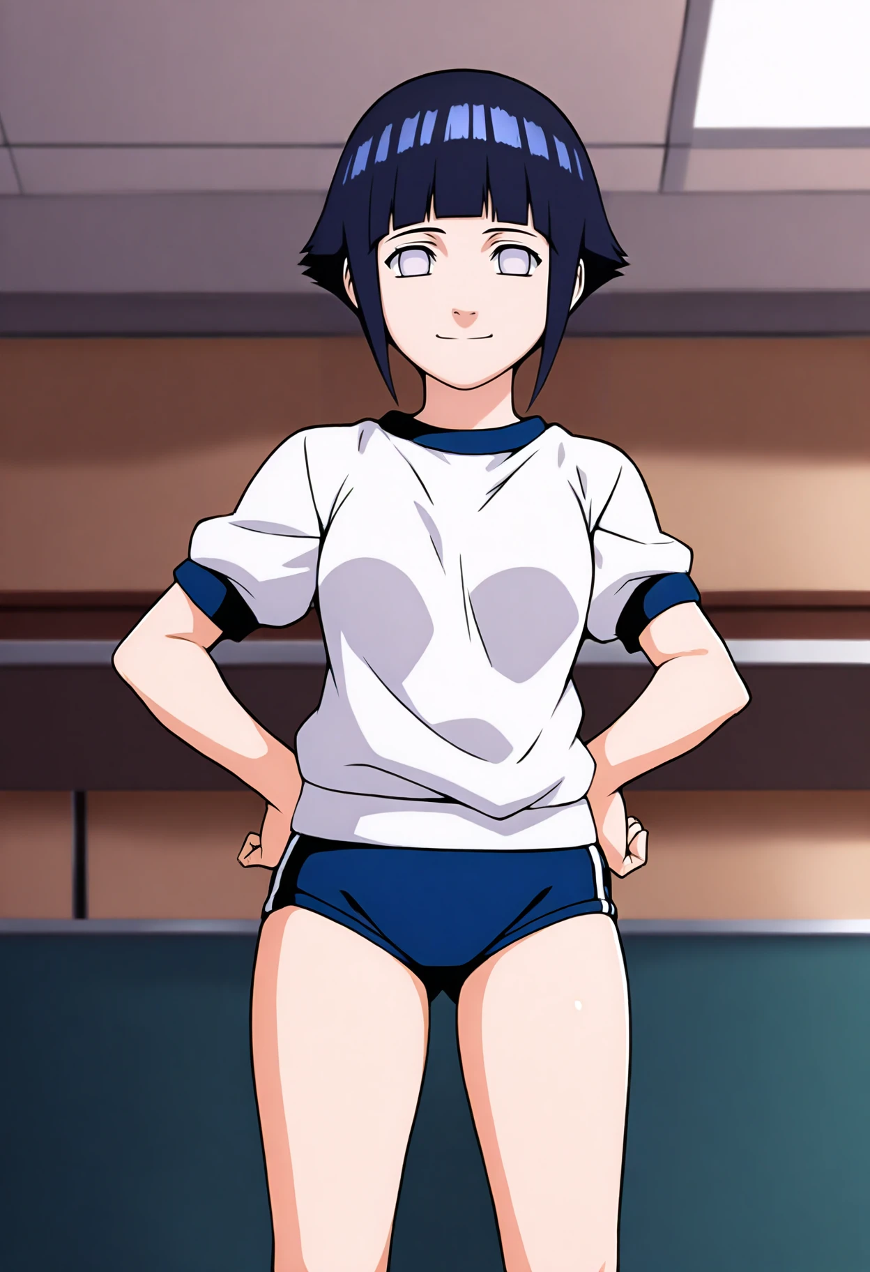 masterpiece, best quality, very aesthetic, absurdres BREAK
1girl, hyuuga hinata, short hair, black hair, no pupils, blunt bangs, shiny hair, white eyes,
gym uniform, white shirt, blue buruma,
smile, hands on hips, standing, solo, looking at viewer, indoors, classroom background     <lora:HinataGeninIllustriousXL_byKonan:1>