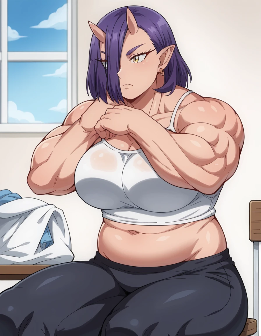 score_9, score_8_up, score_7_up, source_anime, <lora:elfsanwayaserarenai-oga-s1-ponyxl-lora-nochekaiser:1>, oga, short hair, large breasts, yellow eyes, purple hair, horns, pointy ears, hair over one eye, muscular, oni horns, plump, oni, muscular female, skin-covered horns, thick arms,, navel, jewelry, earrings, midriff, pants, camisole,, laundry day, clothesline, drying clothes, domestic life, fresh air, blue sky, , , sitting, elbow rest, table,, solo,, cowboy shot, dutch angle