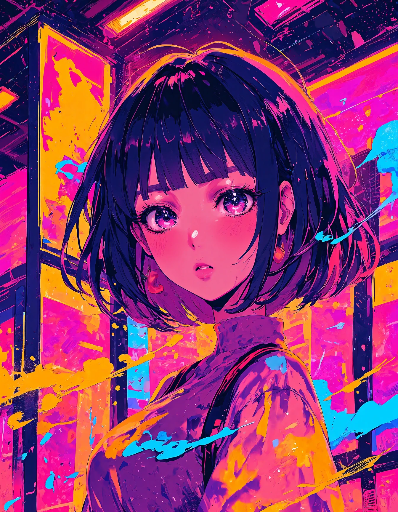 i_pomo girl, l1n3s, dreamy, neon Blue orchid, Screaminâ green, Yellow, Purple pizzazz, Blue violet pastel-colored aesthetic, fine lines, whimsical, very aesthetic, lobotomy-chic aesthetics, high-quality anime art, the piece should be dominated by fiery oranges, deep reds, and smoky blacks, with splashes of white for contrast. Incorporate geometric shapes, sharp lines, and paint splatters to create a sense of urban decay and raw emotion